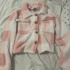 cozy, fluffy, pink plaid jacket/sweater